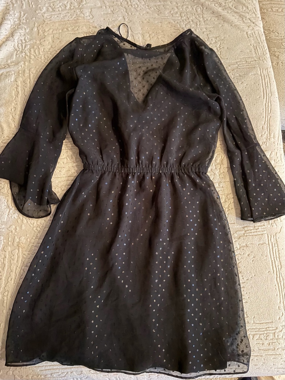 Divided Black Sheer Long Sleeve Dress with Silver Dots